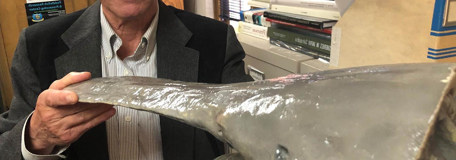 Man holds replica of a paddlefish head.